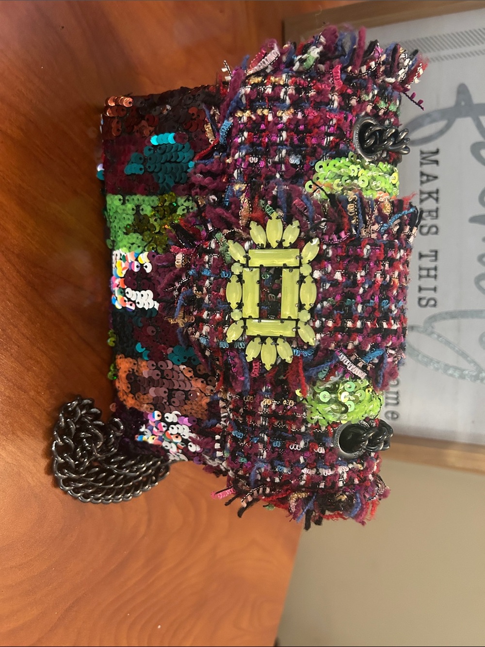 Kurt Geiger Multicolor Tweed & Sequin Crossbody with Neon Yellow Accent - Picture 2 of 5